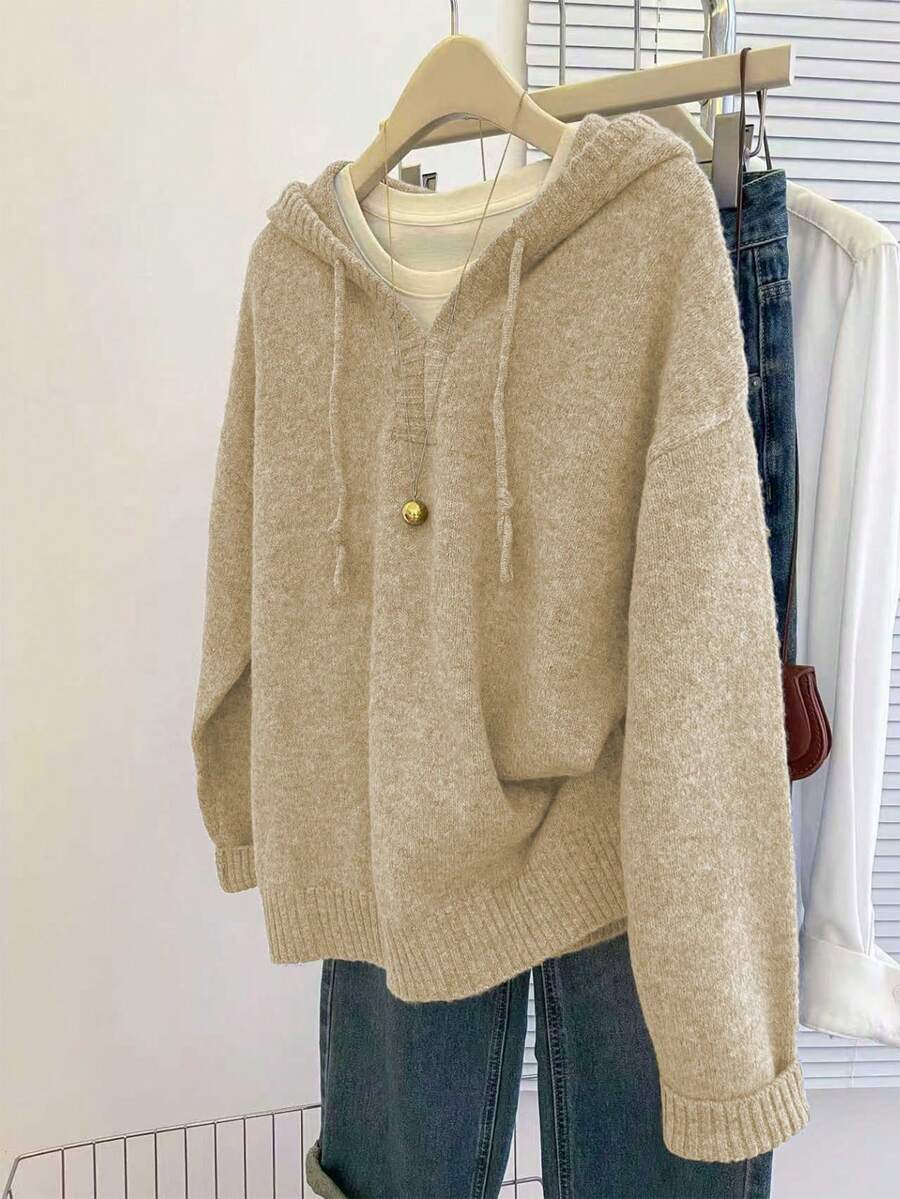 SHEIN Franclia 女士休闲宽松连帽长袖基础款灰色针织套头毛衣,秋冬季 - 駝色 - 查看 1