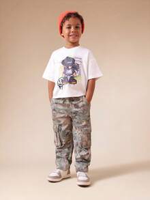 SUMWON 男童迷彩工装裤，侧边口袋，松紧腰带，束口裤脚，军装印花休闲斜纹棉裤，适合儿童度假穿着 - 軍綠色 - 查看 3