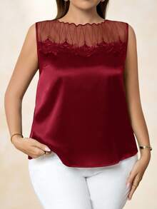 Chikora Blusa sin mangas elegante y de moda con parches de malla para tallas grandes - Rosa Roja - Ver 3