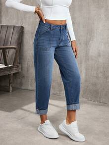 EMERY ROSE Quần jeans ống côn cạp cao có túi dành cho nữ, kiểu dáng thường ngày đa năng - Màu xanh lam - Xem 4