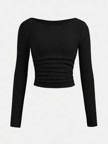 SHEIN 少女圆领褶皱腰长袖T恤和阔腿裤套装 - 黑色 - 查看 4