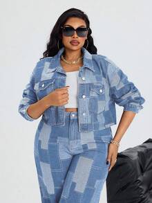 Slaydiva Plus Size Women Denim Blue Inelastic Jacquard Short Sleeve Jacket, Cowgirl Style Summer Rodeo - Light Wash - View 5