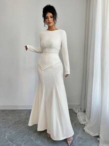 Modelyn Bộ 2 áo thun trơn màu không đối xứng và chân váy đuôi cá cho nữ - Màu xanh lam - Xem 6
