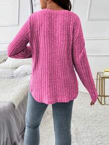 Vionelle Áo thun tay dài viền cong cỡ lớn, mùa thu - Màu hồng gỉ - Xem 3