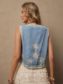 Freevana 度假休闲亮片刺绣牛仔上衣 - 霧霾藍 - 查看 5
