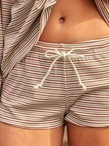 WESTFADE Multi Striped Oversized Long Flared Sleeve Polo Top & Mid Rise Shorts Winter, Christmas, NYE, Casual, Cute, Boho, Cowgirl, Nashville - Brown - View 5
