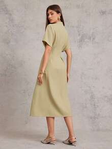 L'Amorae Women Gold Ornament Button V-Neck Midi Fit And Flare Pleated Casual Summer Dress - Olive Green - View 2