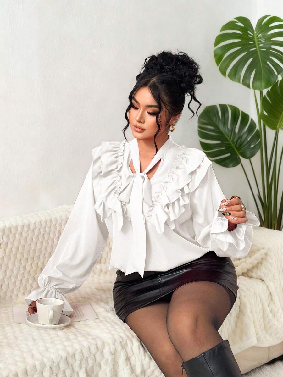 Elenzga 大码女式轻盈法式优雅针织长袖红色荷叶边系带衬衫 - 白色 - 查看 1