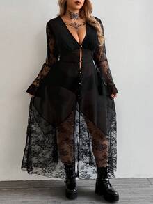 Whyspr Đầm in họa tiết ren chắp vá gợi cảm tay dài cổ chữ V thời trang - màu đen - Xem 6