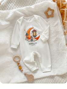 新生女宝宝休闲可爱卡通图案针织白色长袖连体衣 - 白色 - 查看 4