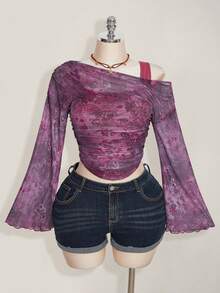 SHEIN ICON Plus Size Oblique Shoulder Mesh Sheer Netted Knit T-Shirt, Paisley Print See-Through Long Sleeve Top - Purple - View 3