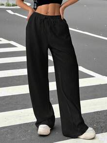 Muchica 女式抽绳直筒休闲皱褶宽松长裤 - 黑色 - 查看 4