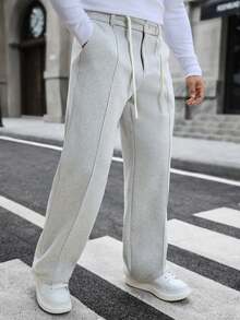 Manfinity Homme Men's Light Grey Smart Casual Dress Sweatpants,Autumn Thermal Lined Loose Straight Leg Solid Color Trousers,Old Money Style For Semi-Formal Occasions - Grey - View 7