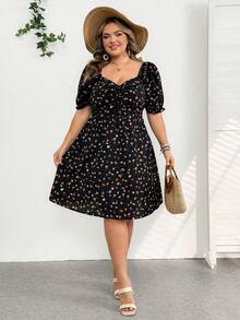 SHEIN CURVE+ Đầm ngắn tay cổ tim họa tiết hoa màu đen dành cho nữ cỡ lớn/2026/Năm mới - Nhiều màu - Xem 7