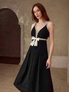 MOTF PREMIUM Đầm midi đính nơ trang trí ngọc trai giả cho nữ, thích hợp cho các buổi hẹn hò và tiệc tùng - màu đen - Xem 4