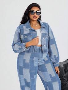 Slaydiva Plus Size Women Denim Blue Inelastic Jacquard Short Sleeve Jacket, Cowgirl Style Summer Rodeo - Light Wash - View 4