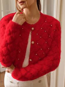 Chiquease Cárdigan elegante de mujer con cuello en V, estampado de diamantes y tachuelas, de imitación de visón - Rojo - Ver 3