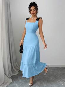 Selianne Colorblock Bow Strap Embroidered Knit Beach Vacation Party Dress - Blue - View 5