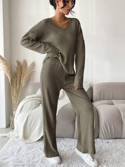 EURMUSE Solid Drop Shoulder Tee & Pants