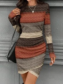 SHEIN LUNE Autumn Colorblock Ribbed Long Sleeve Ruched Waist Fitted Elegant Ribbed Short Dress For Women, Autumn/Winter Spring Knit Dresses For Women - Multicolor - View 3