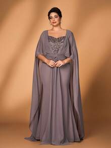 Serin 大码优雅奢华浅咖啡色心形领亮片拼接雪纺披肩式不规则下摆修身鱼尾裙，适合晚宴、单身派对、约会、舞会、度假、婚礼、正式场合。 - 咖啡棕 - 查看 6