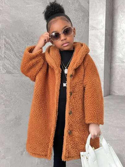 Young Girls Brown Furry Oversized Collar Long Sleeve Long Coat, Comfortable Children Winter Jacket, Fashionable Casual Outerwear For Snowy Days