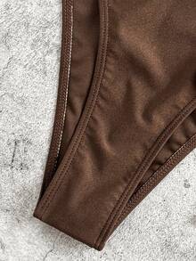 Swim SXY 2026新款深棕色金属光泽性感不对称单肩泳衣套装，夏季假日海滩派对 - 棕色 - 查看 6