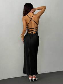 SHEIN PETITE Váy maxi dài bằng vải satin buộc lưng, cổ chữ V sâu, màu trơn, dây mảnh, không tay, dành cho nữ, váy thanh lịch, váy đi nghỉ, váy phù dâu, váy dự tiệc sinh nhật, váy trở lại trường/tốt nghiệp, váy maxi trắng - màu đen - Xem 2