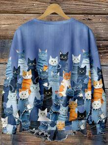 EMERY ROSE Women's Casual Cartoon Cat Print Crew Neck Loose Fit Long Sleeve Sweatshirt - Multicolor - View 2