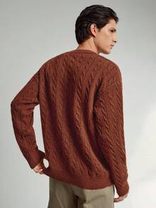 RONVEXI Men's Casual V-Neck Drop Shoulder Cable Knit Sweater, Autumn/Winter - Bronze - View 3