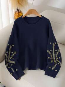 CosyJoli Pull oversize décontracté à col rond ajusté avec broderie florale, décontracté pour femmes, pull décontracté pour femmes - Bleu marine - Voir 4