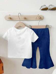 Baby Girls Denim Print T-Shirt Set, Heart Print Flare Pants, Blue Letter Print, Cute & Lively, Versatile All-Match 2-Piece Outfit, Suitable For Outings, All Seasons
