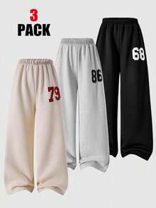 SHEIN ChillGRL 3件套少女休闲户外数字图案保暖阔腿裤 - 彩色 - 查看 1