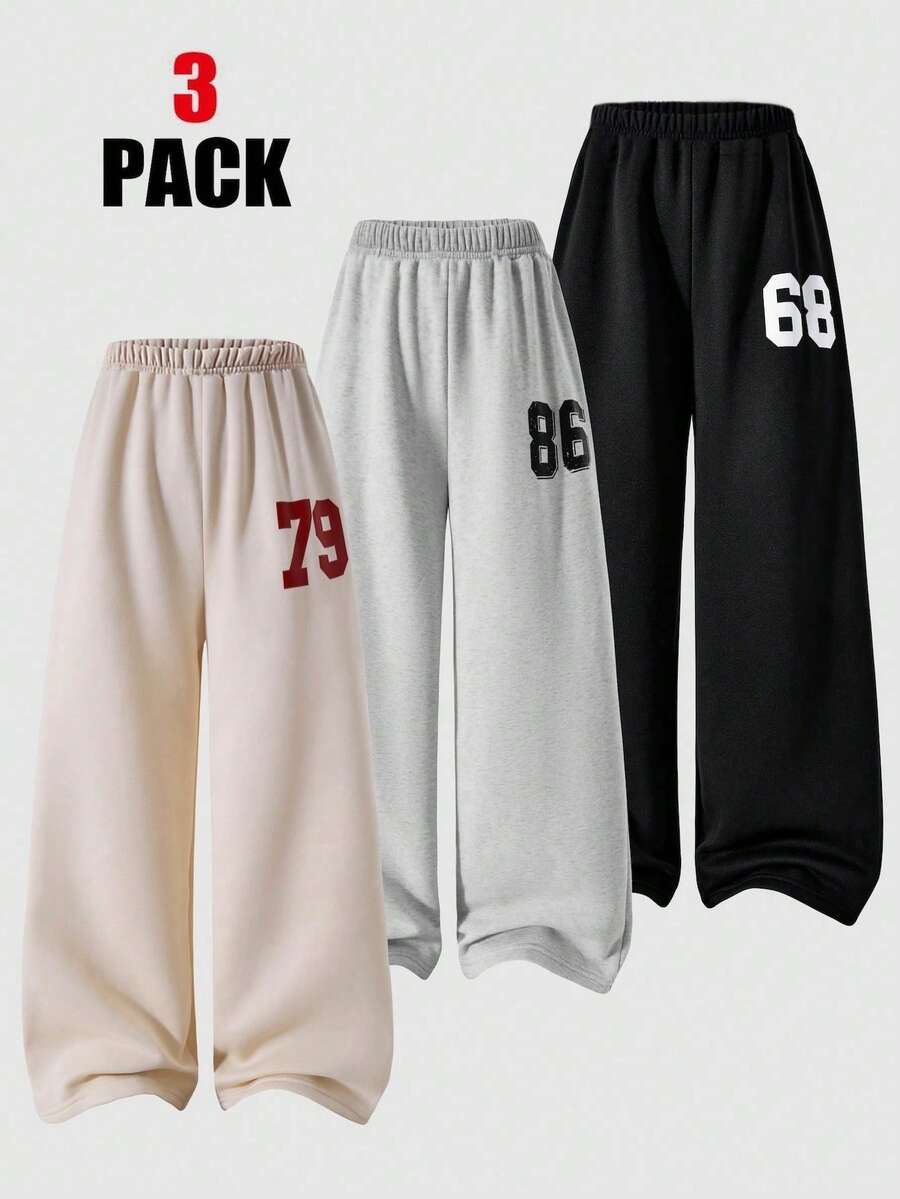 SHEIN ChillGRL 3件套少女休闲户外数字图案保暖阔腿裤 - 彩色 - 查看 1