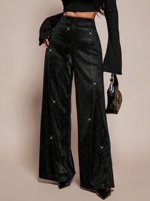 SHEIN PETITE 女士休闲亮面针织高腰阔腿裤 - 黑色 - 查看 4