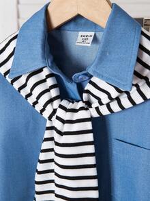 SHEIN Genkimix Kids 1pc Girls' Turndown Collar Long Sleeve Button-Up Striped Shirt With Embroidered Front Graphic, Casual Top For Autumn - Blue - View 7