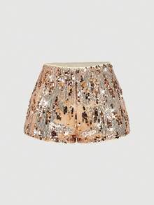 SHEIN MOD Women's Fashionable Party Sequin Slim Fit Shorts - Champagne - View 1
