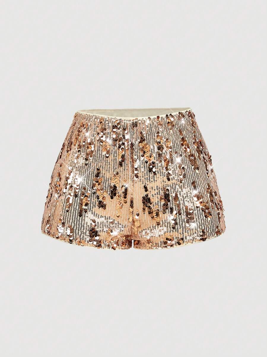 SHEIN MOD Women's Fashionable Party Sequin Slim Fit Shorts - Champagne - View 1