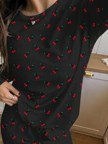 少女樱桃印花圆领长袖上衣搭配松紧腰裤，时尚休闲家居服套装，秋冬款 - 彩色 - 查看 5