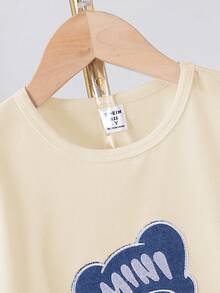 SHEIN Explorewe 2pcs/Set Young Boy Casual Denim Bear Embroidery Short Sleeve Round Neck T-Shirt And Shorts Set, Suitable For Daily Casual, Sports, School, Outdoor, Summer - Apricot - View 5