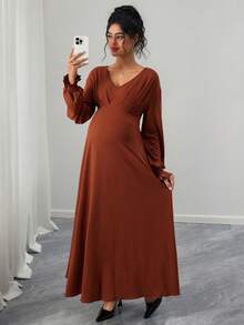 SHEIN Maternity Elegant V-Neck Solid Long Sleeve Ruffle Hem Midi Dress, Spring/Autumn - Coffee Brown - View 3