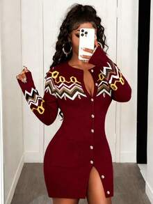 BamGleam 女士毛衣连衣裙，费尔岛图案，纽扣开襟衫，长袖，圆领，提花面料，带口袋，短款，修身，休闲，性感毛衣连衣裙 - 酒紅色 - 查看 4