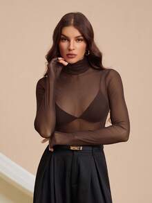 SHEIN Tall 斯德哥尔摩风格，2025女士夏季新款系列，高领毛领上衣，适合春夏穿着，新年女士上衣，网纱长袖透视上衣 - 棕色 - 查看 11