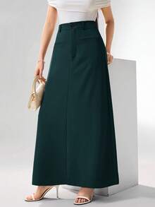 Heiryn Chân váy chữ A lưng cao thanh lịch, đơn giản, màu trơn dành cho nữ công sở - Màu xanh lá cây đậm - Xem 4