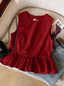 SHEIN Frenchy Áo hai dây cổ tròn đính nơ trang trí viền bèo nhún dễ thương cho nữ - Màu Đỏ Sâu - Xem 2