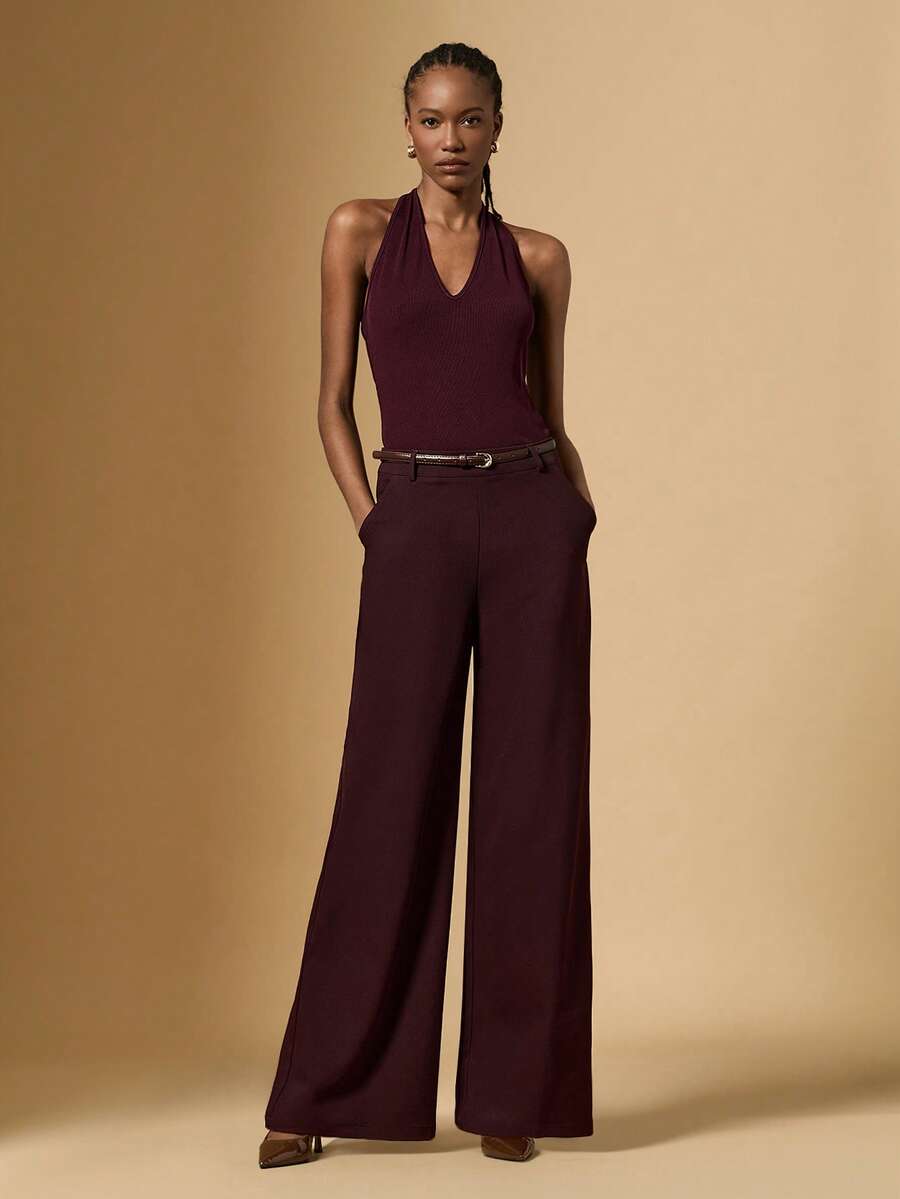 Briarwyn 女士时尚露背吊带上衣和阔腿裤两件套 - 咖啡棕 - 查看 1