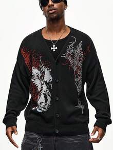 ROMWE MEN Goth Men's Loose Fit Cross Jacquard Drop Shoulder Long Sleeve Casual Knit Cardigan - Black - View 3