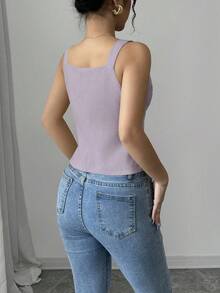 Elenzga Áo hai dây cài nút phía trước màu trơn thường ngày mùa hè dành cho người đi làm - Màu tím - Xem 2