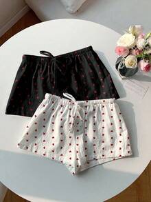 CovetEZ 2件套女士休闲爱心印花纽扣蝴蝶结短裤套装，适合夏季穿着 - 彩色 - 查看 9