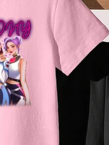 SHEIN 2件套少女休闲简约英文字母动漫图案粉色短袖圆领T恤和黑色喇叭裤，可爱卡通趣味时尚女童套装，适合所有季节 - 彩色 - 查看 6